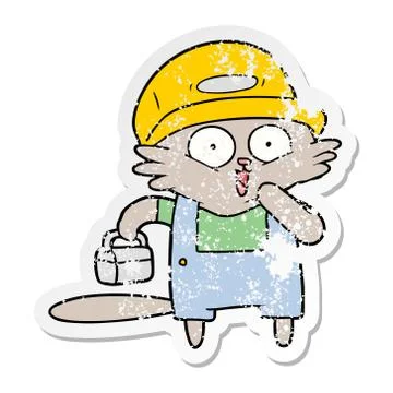 Distressed sticker of a cartoon cat builder stopping for lunch Stock Illustration