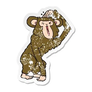 Distressed sticker of a cartoon chimp scratching head Illustrazione stock