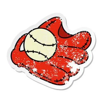 Distressed sticker cartoon doodle of a baseball and glove Stock Illustration