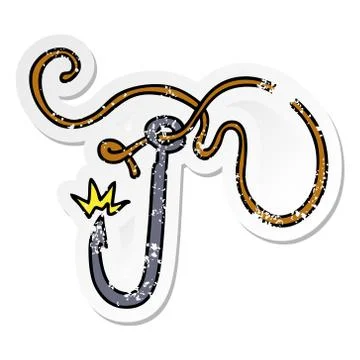 Distressed sticker cartoon doodle of a sharp fishing hook Illustrazione stock