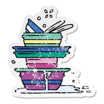 Distressed sticker cartoon doodle of a stack of dirty plates 스톡 일러스트