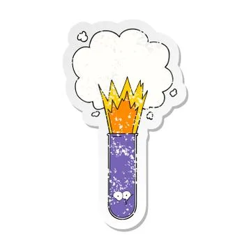 Distressed sticker of a cartoon exploding chemicals in test tube 스톡 일러스트