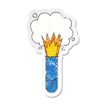 Distressed sticker of a cartoon exploding chemicals in test tube Stock Illustration
