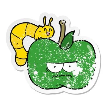Distressed sticker of a cartoon grumpy apple and caterpillar Stock Illustration