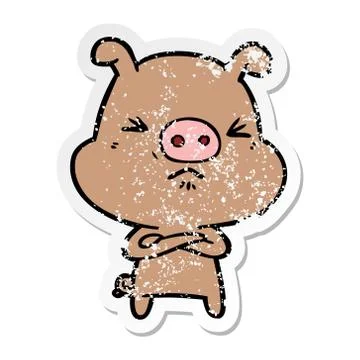 Distressed sticker of a cartoon grumpy pig Stock Illustration