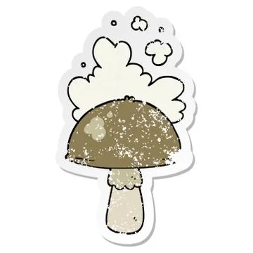 Distressed sticker of a cartoon mushroom with spore cloud Stock Illustration