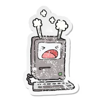 Distressed sticker of a cartoon overheating computer Stock Illustration