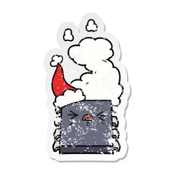 Distressed sticker cartoon of a overheating computer chip wearing santa hat Stock Illustration