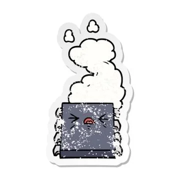 Distressed sticker of a cartoon overheating computer chip Stock Illustration