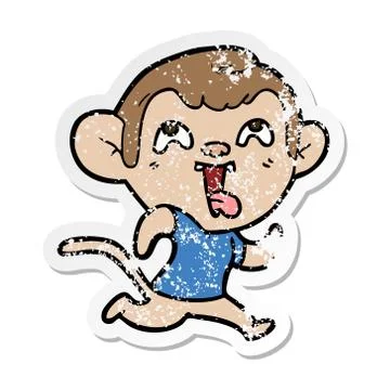 Distressed sticker of a crazy cartoon monkey jogging Stock Illustration