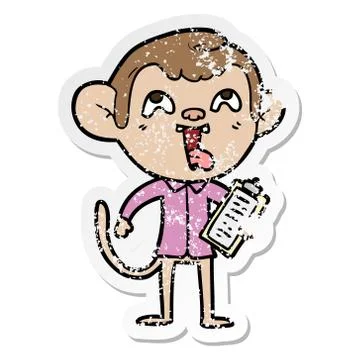 Distressed sticker of a crazy cartoon monkey with clipboard Stock Illustration