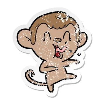 Distressed sticker of a crazy cartoon monkey dancing Stock Illustration
