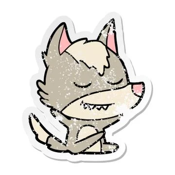 Distressed sticker of a friendly cartoon wolf sitting 스톡 일러스트