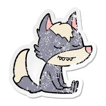 Distressed sticker of a friendly cartoon wolf sitting down 스톡 일러스트