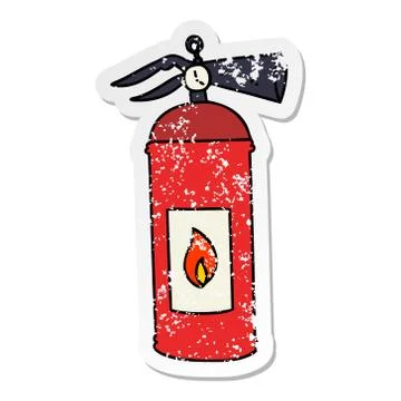 Distressed sticker of a quirky hand drawn cartoon fire extinguisher Stock Illustration