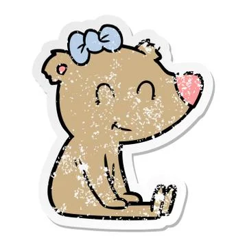Distressed sticker of a sitting female bear cartoon Stock Illustration