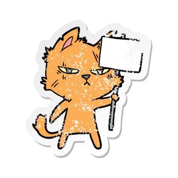 Distressed sticker of a tough cartoon cat with protest sign Stock Illustration
