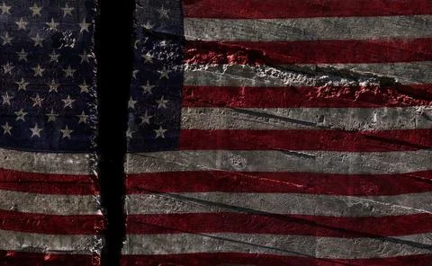 Distressed US flag split in two representing American political division Stock Photos