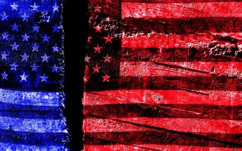 Distressed US flag split in two into Democrat and Republican blue and red Stock Photos