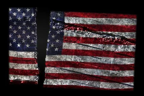 Distressed US flag split in two representing American political division Stock Photos