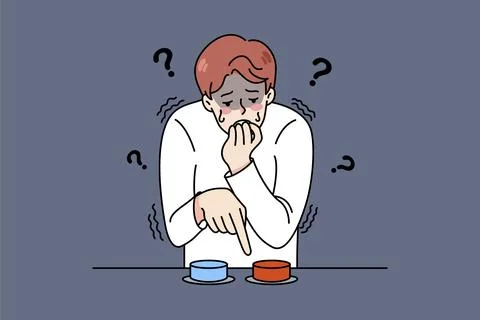 Distressed young man choose button to press feel confused and anxious. Stressed Stock Illustration