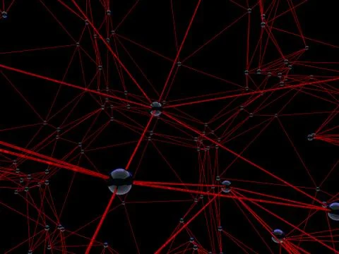 Distributed connection atom with black background. 3D Ilustração Stock