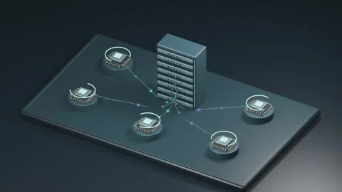 Distributed edge processors exchange data with a central server Stock Footage 346168548