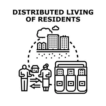 Distributed living residents utilizing virtual digital housing concept Stock Illustration