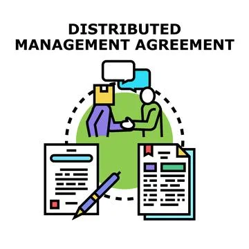 Distributed management agreement concept discussing partners collaborating .. Stock Illustration