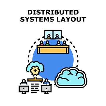 Distributed systems layout connecting computing devices and cloud processing Stockillustratie
