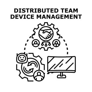 Distributed team device management concept working remotely Ilustração Stock