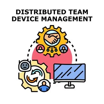 Distributed team device management concept working remotely Stock Illustration