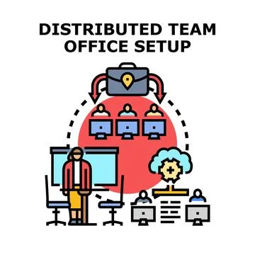 Distributed team office setup and remote collaboration Stock Illustration