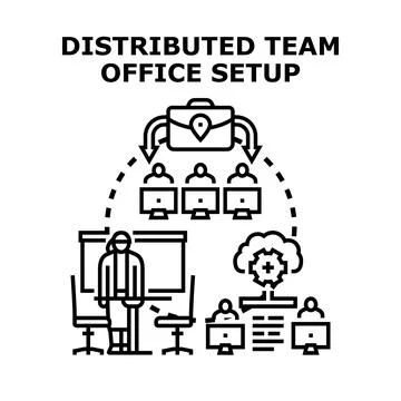 Distributed team office setup and remote collaboration Stock Illustration