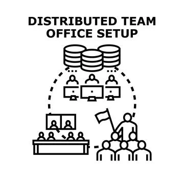 Distributed team working remotely with office setup Stock Illustration