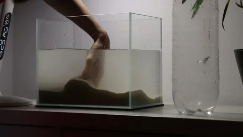 Distributing, mixing fine sand substrate in a new empty nano tank for betta fish Vídeo Stock 141291792