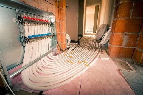 Distribution and control panel of heat pump distributer for heating residen.. Stock Photos