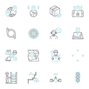 Distribution and transfer linear icons set. Logistics, Shipping, Import, Export Stock Illustration