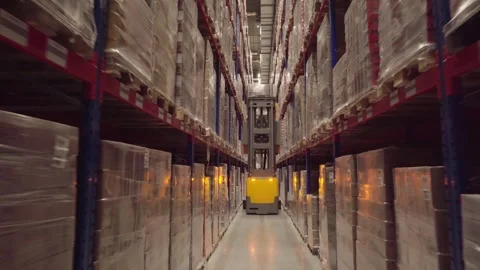 Distribution Center. Rows of shelves inside an industrial warehouse with boxes. Stock Footage 249501218