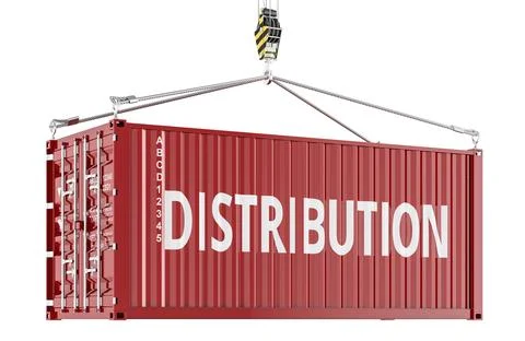 Distribution concept with red shipping container lifted by crane. 3D renderin Stock Illustration