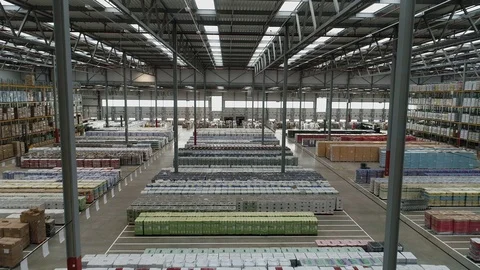 Distribution depot with lines of stock ready to depart, drone aerial 4K Stock Footage 101185231