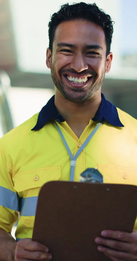 Distribution, face and man with clipboard for shipping schedule, career pride Stock Footage 333328258