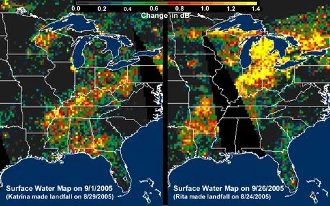 Distribution Patterns of Land.Surface Water from Hurricanes Katrina and Rita Stock Photos