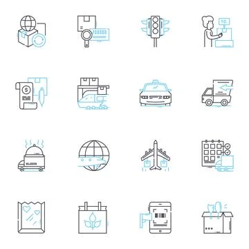 Distribution services linear icons set. Supply, Logistics, Dispatch 스톡 일러스트