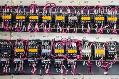 Distribution shield. Electrical wiring closeup Foto stock