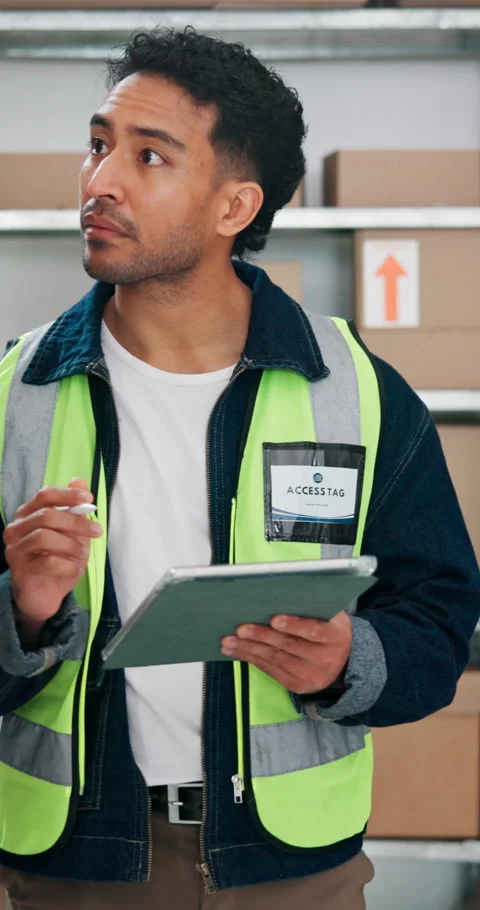 Distribution, tablet and man in warehouse for inspection, inventory management Stock Footage 342994234