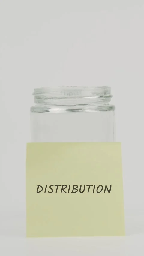 Distribution text or word on yellow sticky note attached to glass jar Stock Footage 311719739