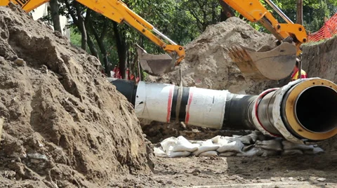 District Heating Pipe Laying With Two Excavators. Stock Footage 29420438