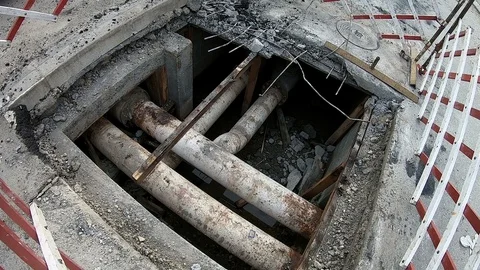 District heating pipeline in opened street shaft Stock Footage 88154460
