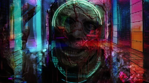 A Disturbing Digital Glitch Effect Overlays a Scary Zombie Face in a Cyberp.. Stock Footage 311662502